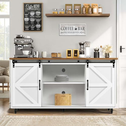 4ever2buy Farmhouse Coffee Bar Cabinet with Storage, 58'' Buffet Cabinet with Sliding Barn Door, White Coffee Bar Table with Wood Gourd Feet, Buffet Table for Living Dining Room