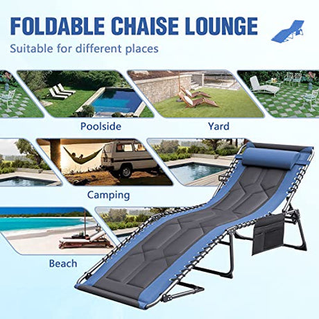 Devoko 4-Fold Padded Portable Folding Outdoor Chaise Lounge Heavy Duty Reclining Chair with Pillow & Side Pocket for Patio, Beach, Pool, Camping, Sunbathing (Blue) Devoko