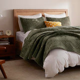 LEAONME Velvet Quilt King Size 98''x106'', Lightweight Olive Green Velvet Comforter Set with 2 Matching Shams, Soft Cross Stitch Bedspread Coverlet Bedding Set for All Season LEAONME