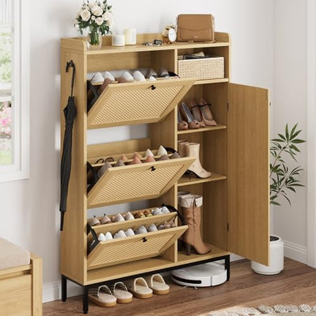 GarveeHome Shoe Cabinet Rattan with 3 Flip Drawers and 4-Tier Shoe Storage Cabinet, Freestanding Shoe Organizer with Adjustable Shelves for Entryway, Closet, Hallway (Light Oak) GarveeHome