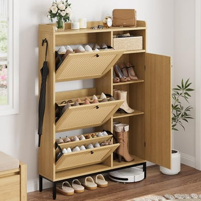 GarveeHome Shoe Cabinet Rattan with 3 Flip Drawers and 4-Tier Shoe Storage Cabinet, Freestanding Shoe Organizer with Adjustable Shelves for Entryway, Closet, Hallway (Light Oak)