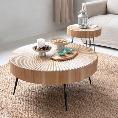 LONYKE 2-Piece Modern Farmhouse Living Room Coffee Table Set, Nesting Table Round with Handcrafted Wood Radial Pattern - WoodArtSupply