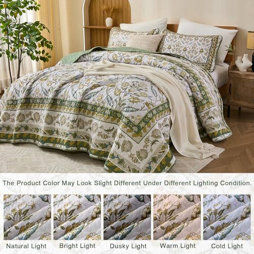 DJY Floral Quilt Set King Size, Green Brown Flower Pattern Quilts King Bedspread Coverlet Set with 2 Pillowcases, Soft Lightweight Microfiber Bedding for All Season (90"x110") DJY