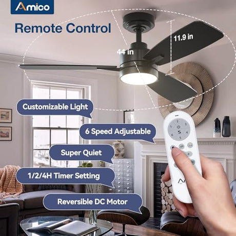 Amico Ceiling Fans with Lights, 44 inch Ceiling Fan with Light and Remote Control, Reversible, 3CCT, Dimmable, Noiseless, Small Black Ceiling Fan for Bedroom, Indoor/Outdoor Use Amico