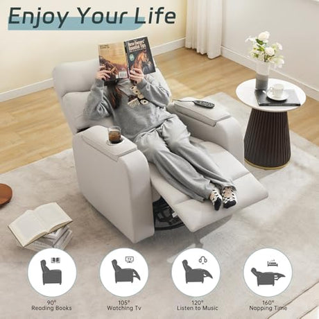 AEMEIOS Power Swivel Rocking Recliner with Massage & Heat, PU Leather Rocker Reclining with Type-C Port & Timing, Oversized Swivel Glider Recliner with Dual Storage Arms & Cup Holder, Light Grey AEMEIOS