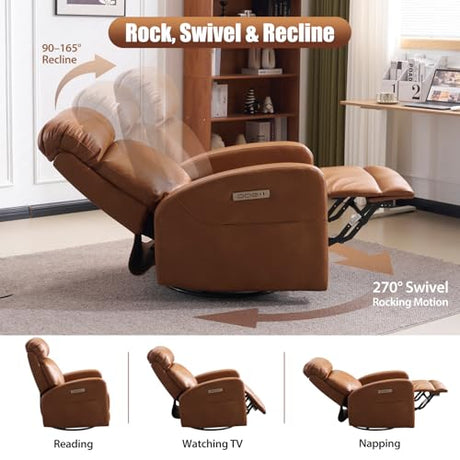 Lynkron Breathable Air Leather Power Swivel Rocker Recliner, 2-Zone Electric Adjustment (Headrest Independent, Back & Footrest Linked), 270° Swivel, 8-Mode Massage & Heat, USB/Type-C, Side Pocket Lynkron