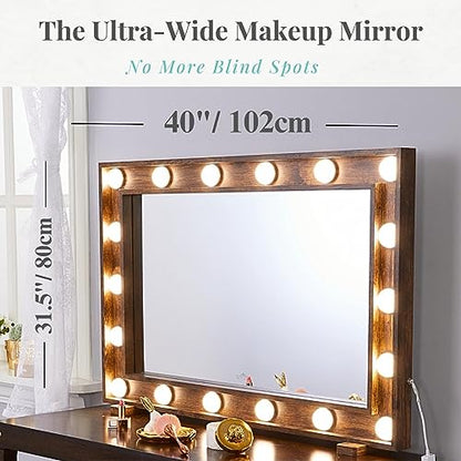 LUXFURNI Large Hollywood Vanity Mirror with Lights, Lighted Makeup Mirror with 18 LED Bulbs for Dressing Room, Wall-Mount/Tabletop (Rustic Brown) - WoodArtSupply