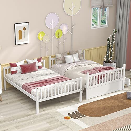 PVWIIK Full Over Full Bunk Bed with Trundle and Ladder for Kids Bedroom,Wood Bed Frame with Safety Rails,Convertible to 2 Bed,No Box Spring Needed,White PVWIIK