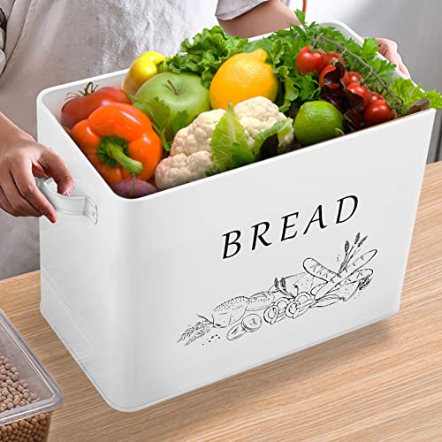 TeamFar Bread Box with Wooden Lid, 13.1” x 7.2” x 9.7” Metal Bread Container Storage Holder for Family Farmhouse Kitchen Countertop, Powder-Coated & Healthy, Large Capacity & Classic Pattern (White)