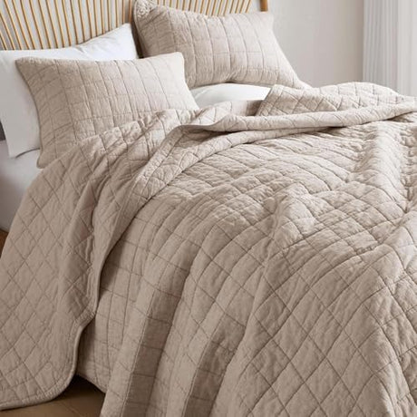 Hyde Lane Linen Quilt Set Queen Size - Breathable Box Stitched European Flax Bedding Set for Bedspread and Coverlet, with 2 Pillow Shams, 90"x96", Linen Hyde Lane