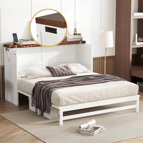 DaiNNCN Cabinet Murphy Bed with Storage Drawer and Charging Station,Cube Foldable Platform Bed,Space-Saving for Living Room,No Box Spring Needed,Queen Size,White+Walnut DaiNNCN