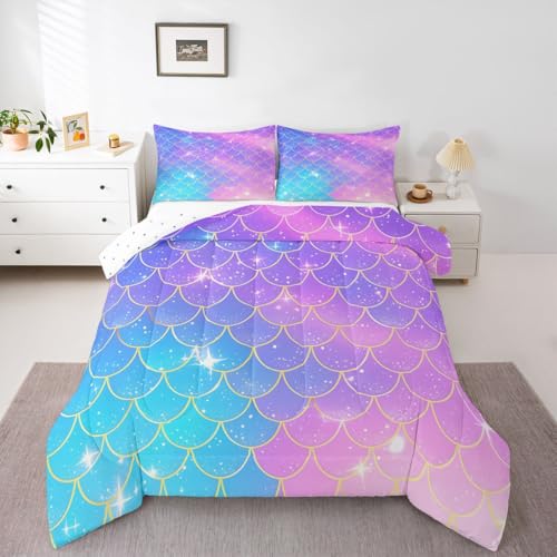 Feelyou Mermaid Scales Comforter Fish Scales Print Comforter Set for Girls Ocean Marine Themed Nature Bedding Set Purple Blue Room Decor Twin Size Duvet Set 2Pcs Boys Feelyou