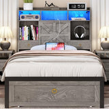 TIGUBFRE Twin Bed Frame with Storage Headboard, Farmhouse Wood Bed Frame Twin Size with 3 Drawers, LED Light & Charging Station, Metal Slats Support, Noise Free, No Box Spring Needed, Rustic Gray TIGUBFRE