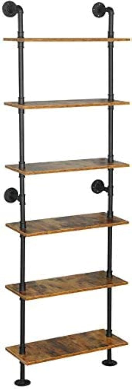 ZIOTHUM 6-Tier Industrial Pipe Shelves Shelf Shelving Rustic Wood Metal Wrought Iron Ladder Bookcase Bookshelf Wall Mounted Mount DIY Loft Vintage Floating Hanging Storage Display (23.6x9.8x78.7”) ZIOTHUM