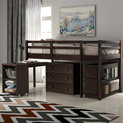 Bellemave Espresso Low Loft Bed Frame with Storage & Rolling Desk for Kids and Teens - WoodArtSupply