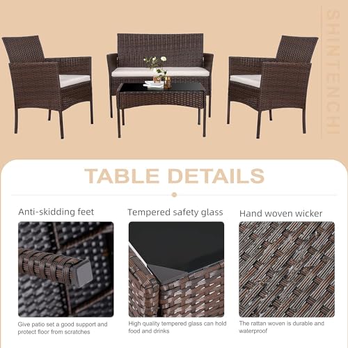 Shintenchi 4 Piece Outdoor Patio Furniture Sets, Small Wicker Patio Conversation Furniture Rattan Chair Set with Tempered Glass Coffee Table for Backyard Porch Garden Poolside Balcony Shintenchi