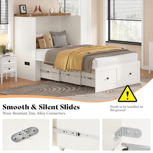 AMERLIFE Twin Murphy Bed Cabinet with Charging Station and Storage Drawer, Farmhouse Foldable Platform Bed for Home Office, Apartment, Small Spaces, Distressed White AMERLIFE