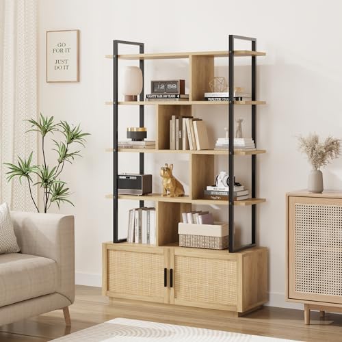 GAOMON 5-Tier Burlywood Industrial Bookshelf with Storage Cabinet and Open Display Shelves - WoodArtSupply