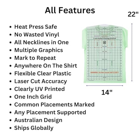 CLPA T-Shirt Ruler Guide — Full Shirt Placement | Heat-Safe to 320°F | Shirt Alignment Tool for Heat Press | HTV, DTF and Embroidery | All Sizes and Necklines | Made in Australia CLPA