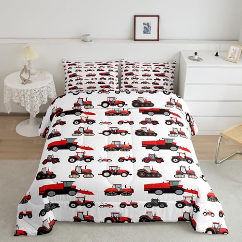 Erosebridal Red Tractor Comforter Set Twin Size Heavy Equipment Truck Down Comforter Kids Boys Girls Teens Harvester Tractor Bedding Set Construction Excavator Farm Equipment Quilt Set Erosebridal