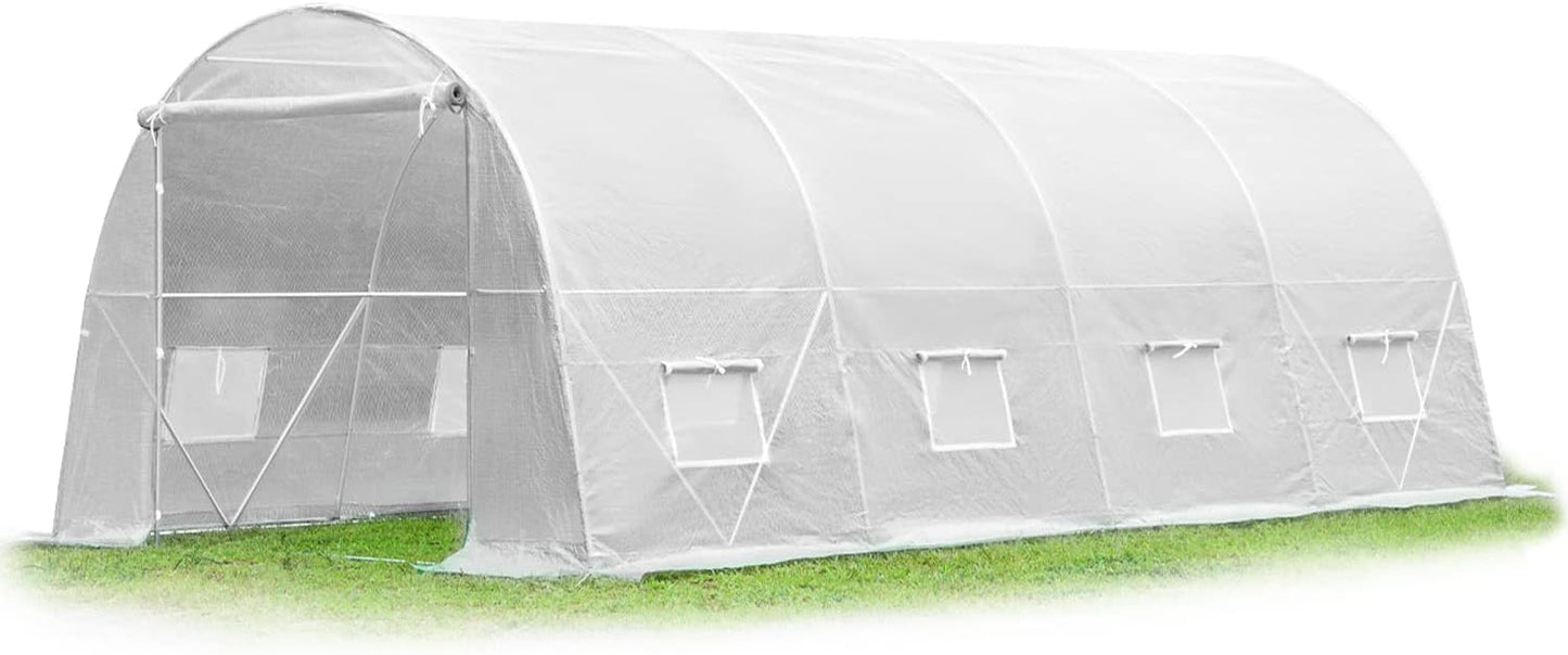 YOLENY 20' x 10' x 7' Heavy Duty Greenhouse for Outdoors,Tunnel Greenhouse with A Large Zipped Roll Up Door and 8 Roll Up Windows, White - WoodArtSupply