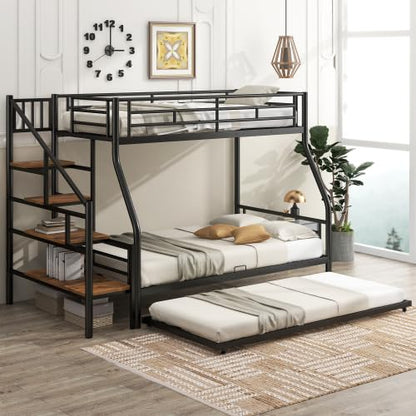 Metal Bunk Bed with Trundle Bed Twin Over Full Size Metal Bunk Bed with Storage Staircase, Black