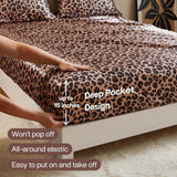 MR&HM Satin Fitted Sheet & Pillowcase Set Queen Size, 3-Piece Silky Soft Bedding with 15" Deep Pocket, Reinforced Elastic Corner Straps to Prevent Slipping Off Mattress, Brown Leopard MR&HM