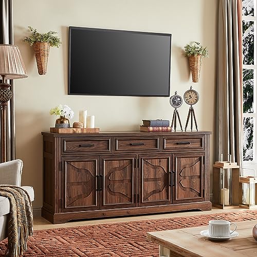 JXQTLINGMU 66" Large Buffet Sideboard Cabinet with 4 Doors and 3 Drawers, Buffet Table Coffee Bar Wine Bar Storage Cabinet for Dining Room, Living Room, Hallway, Dark Brown - WoodArtSupply