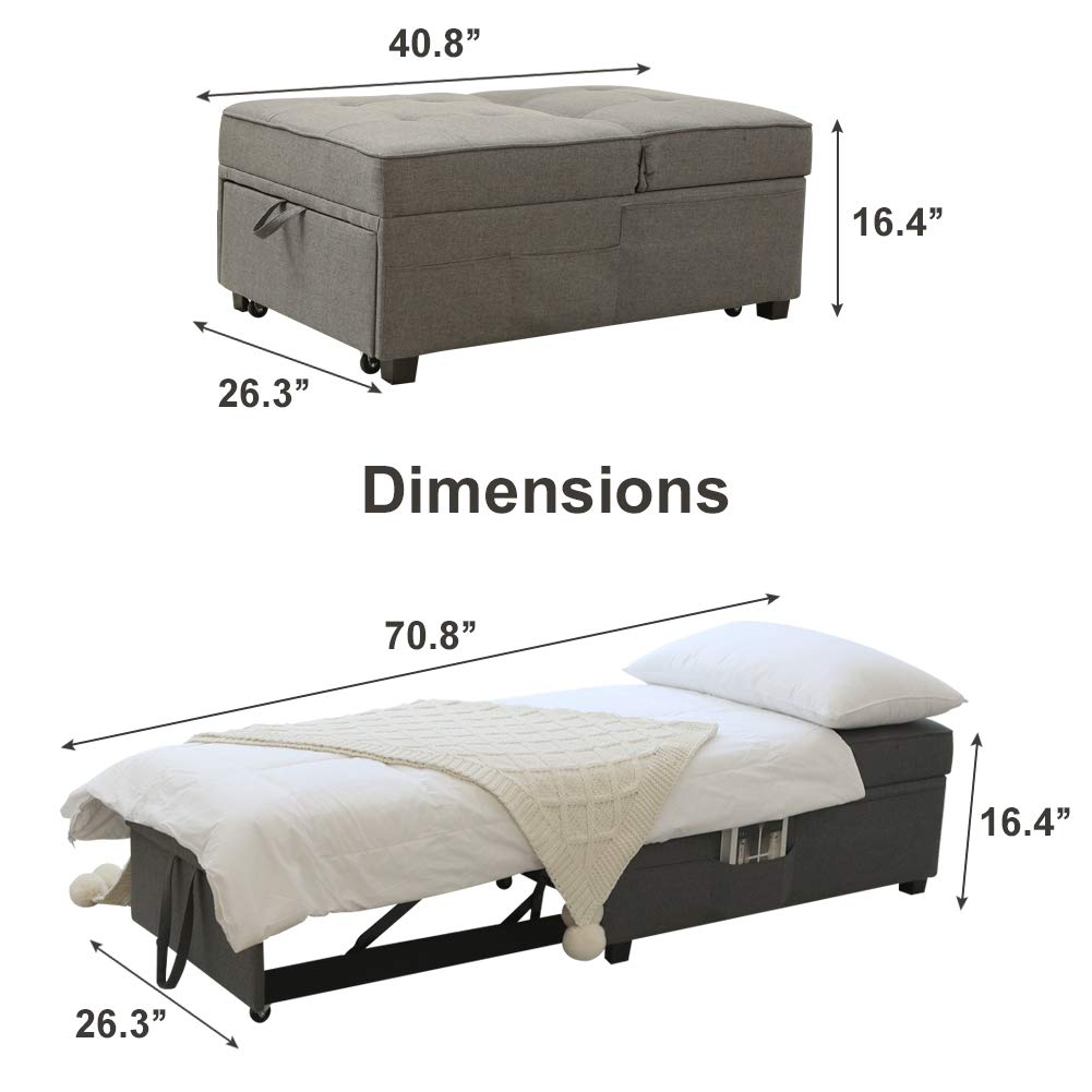 Cynefin Futon Chair with Lumbar Pillow and 3 Side Pockets, Sofa Bed Chair, Convertible 4 in 1 Ottoman Bed Tufted Fabric Gray (M, Gray) Cynefin