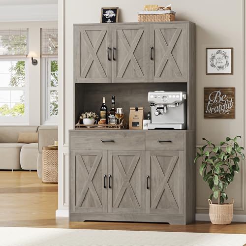 HOSTACK 71" Pantry Cabinet with Charging Station, Tall Kitchen Pantry Storage Cabinet with Microwave Stand, Farmhouse Kitchen Hutch with Storage Drawers for Living Room, Dining Room, Ash Grey HOSTACK