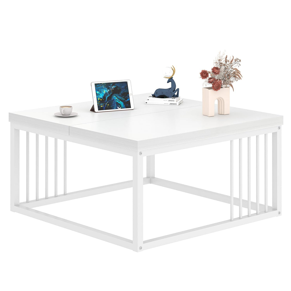 FOLUBAN White Coffee Table, Modern Rustic Wood and Metal Center Table, Industrial Simple Cocktail Tea Table for Living Room, 31.5 Inch FOLUBAN