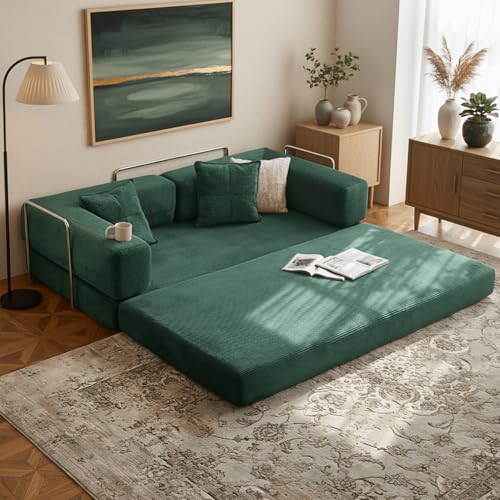 Alpen 77" Futon Sofa, Floor Foldable Sofa Couch Bed Queen with L-Shaped Armrests, Futon Bed with Mattress Included, Fold Out Comfy Lounge for Living Room Bedroom, Dark Green Alpen