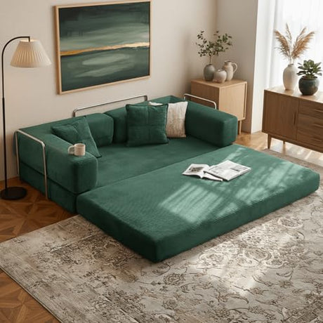 Alpen 77" Futon Sofa, Floor Foldable Sofa Couch Bed Queen with L-Shaped Armrests, Futon Bed with Mattress Included, Fold Out Comfy Lounge for Living Room Bedroom, Dark Green Alpen