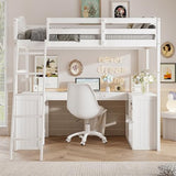 Merax Twin Size Loft Bed with Desk, Wooden Loft Bed Frame with Drawers, Cabinet, Shelves, and Desk, No Box Spring Needed, White Merax