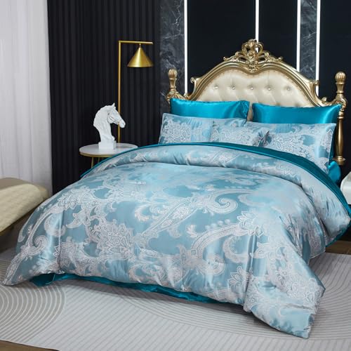 Jacquard Full Comforter Set Peacock Green Sheet Set Satin Bedding Set 8 Pcs Embroidery Neoclassical Floral Bed Home Decor Soft Down Comforter Luxury Hotel Silky Bed in a Bag with 1 Cushion Cover Bedding_Dreamer