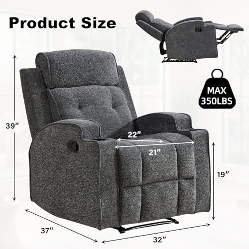 CAMMOV Manual Recliner Chair, Single Sofa Recliners with Overstuffed Back, Manual Fabric Recliner with 2 Cup Holders, Single Reclining Sofa Recliner for Living Room Theater Seating,Grey