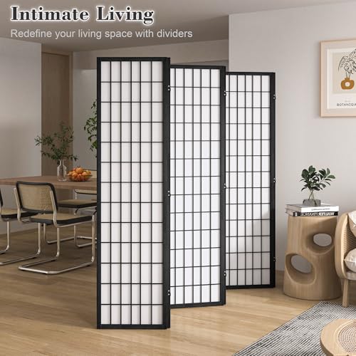 WelFurGeer 6 Panel Shoji Screen Room Divider, Folding Privacy Screens, Room Partitions and Dividers, Decorative Room Dividers, Wall Dividers for Room Separation, Japanese Room Divider for Home (Black) WelFurGeer
