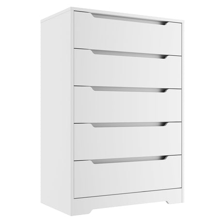 Cozy Castle 5 Drawer Dressers, Modern Chest of Drawers Large Organizer, Wood Accent Storage Cabinet for Living Room, Home Office, Entryway, White Cozy Castle