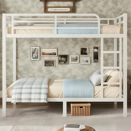 Bellemave Full Over Full Bunk Beds for Adults with Ladder & Full-Length Guardrails, Metal Heavy Duty Full Size Bunk Bed Frame with Sturdy Slats, Noise Free, No Box Spring Needed, White Bellemave