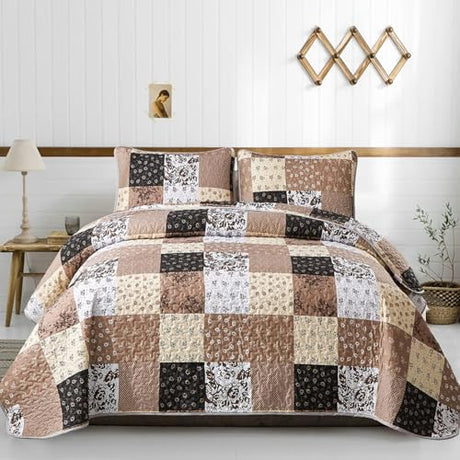 Mybedsoul Brown Quilt Set Twin Size, 2 Pieces Plaid Floral Bedspread Set Patchwork Reversible Bedding Set Microfiber Lightweight Bedspread Coverlet Set for All Season 68"x86" Mybedsoul
