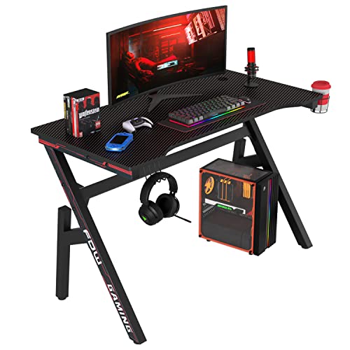 Gaming Desk Computer Desk 47 Inch Home Office Desk Extra Large Modern Ergonomic Black PC Carbon Fiber Table Gamer Workstation with Cup Holder Headphone Hook - WoodArtSupply