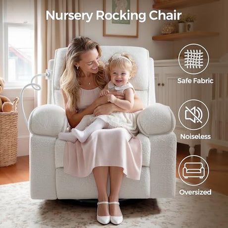 YuuYee Teddy Fleece 360° Swivel Rocker Recliner Nursery Rocking Chairs with Phone Holder Manual Gilder Recliner Chair with Wide Foot Rest for Living Room and Baby Room YuuYee