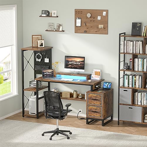 Computer Desk with 2 Fabric Drawers - Reversible Home Office Desk with Power Outlet & LED Lights, 53" Writing Desk with Monitor Stand & Storage Shelves, Gaming Desk with Pegboard, Rustic Brown