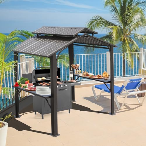 Domi 8x5FT Hardtop Grill Gazebo, Grill Canopy for Outdoor Grill w/Double Galvanized Steel Roof, 2 Side Shelves and Ceiling Hooks, Grill Tent BBQ Gazebo for Patio Garden Backyard, Grey domi outdoor living