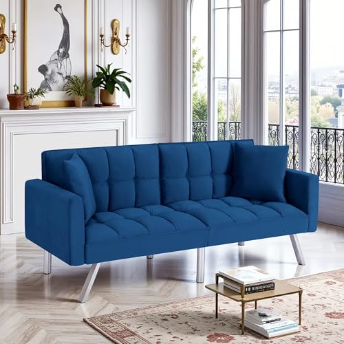78" Modern Sofa Bed Futon,Convertible Sleeper Bed Couch with 4 Reclining Backrest,Comfy Velvet Cloud Sofa Loveseat for Living Room Bedroom Office (Navy) Anwick