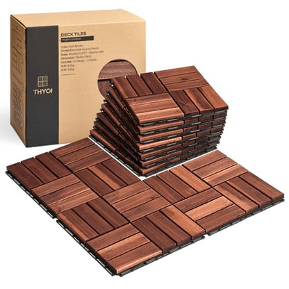 THYOI 10 Pcs Interlocking Deck Tiles 12" x 12", Patio Flooring Outdoor Waterproof, Acacia Wood Tiles All Weather, Floor Tiles for Balcony, Backyard, Indoor and Outdoor use (Square Joint, Dark - WoodArtSupply