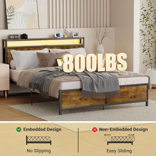 Zevemomo Queen Bed Frame with RGB LED Lights Strip, Storage Headboard with Built-in USB & Electrical Outlet Charging Station, Queen-size Wood Platform Bed Foundation Base with Metal Slats, Noiseless