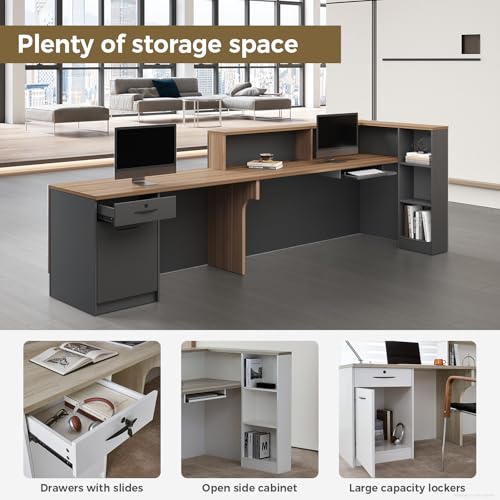 Nuipesn 94" Modern L-Shaped Reception Desk with Counter, Drawer, Keyboard Tray & Storage Shelves, Right Layout, Dark Walnut Nuipesn