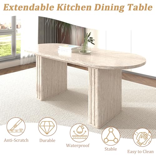 Pvillez Extendable Dining Table Set of 6, Oval Dining Room Table & 6 Gray Velvet Dining Chairs with Wood Leg, 62.99"-78.74" Kitchen Table and Chairs Set, Modern 7 Piece Dining Set Pvillez