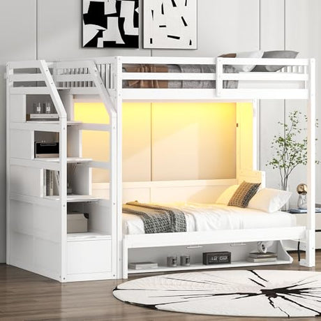 VilroCaz Full XL Size Loft Bed with Full Size Murphy Bed and Desk, Multi-Functional Solid Wood Loft Bed Frame with Storage Staircase and Light Strip, Maximize Space VilroCaz